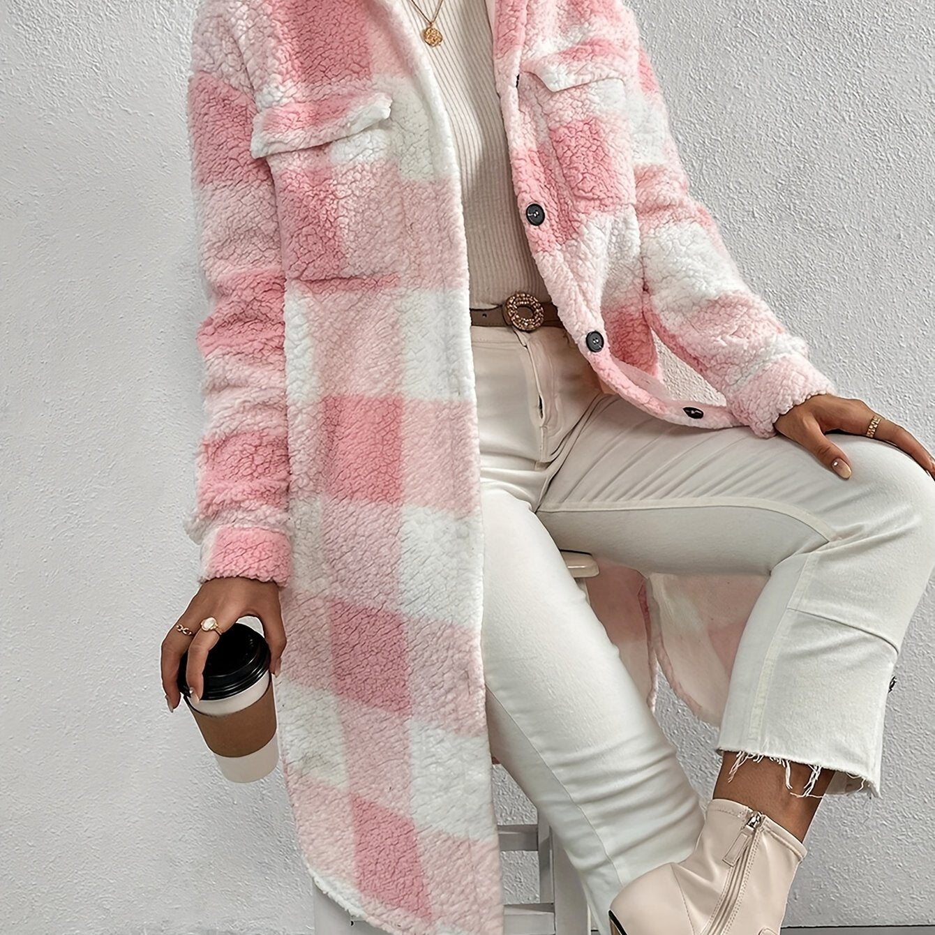 Liesa | Eleganter karierter Teddymantel mit langen Ärmeln