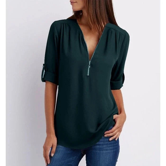 Marta | Plus Size Lose 3/4 Ärmel Bluse mit Reißverschluss