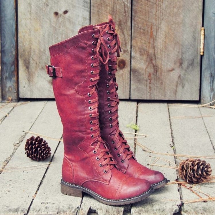 Trix | Frauen Runde Zehe Niedrig-Absatz Hoch-Rohr Kreuz-Schnürung Ritter Stiefel