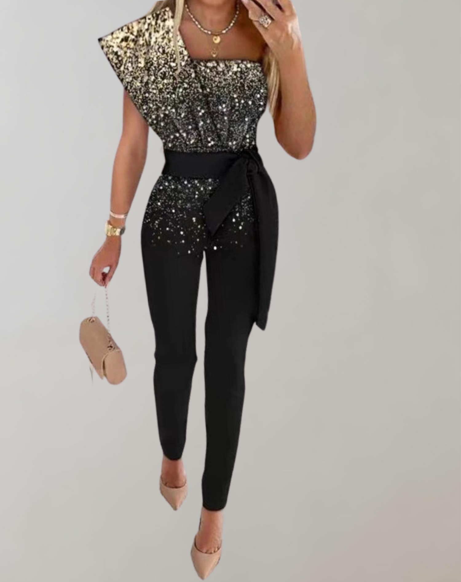 Nanna | Luxuriöser Jumpsuit mit Schleifengürtel und Glitzerdetail