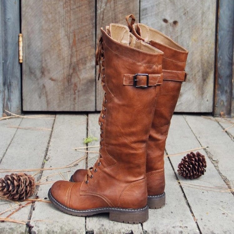 Trix | Frauen Runde Zehe Niedrig-Absatz Hoch-Rohr Kreuz-Schnürung Ritter Stiefel