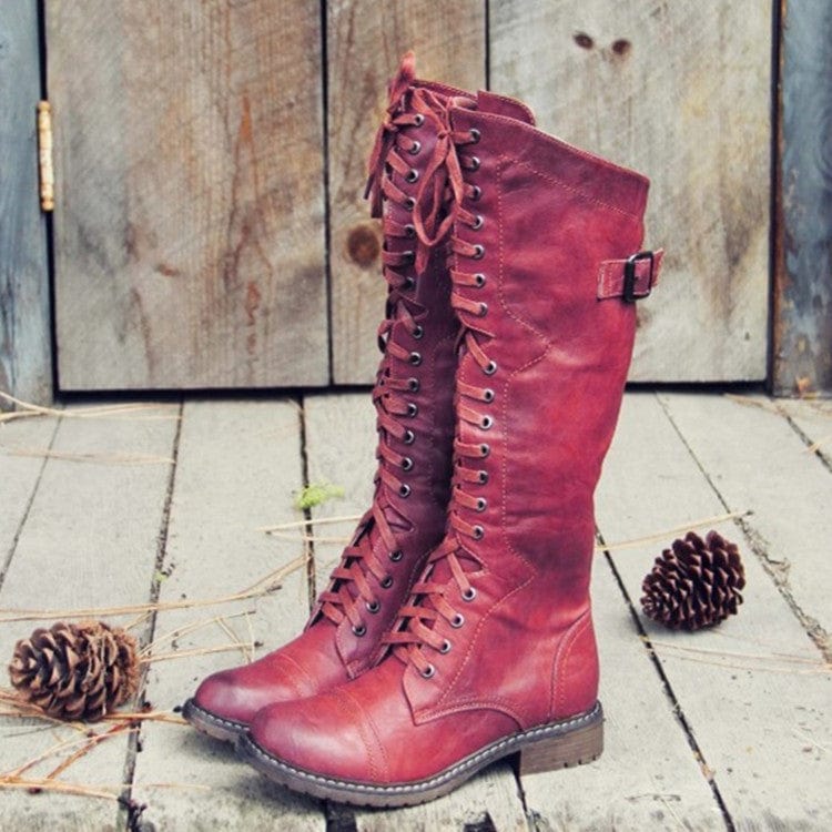Trix | Frauen Runde Zehe Niedrig-Absatz Hoch-Rohr Kreuz-Schnürung Ritter Stiefel