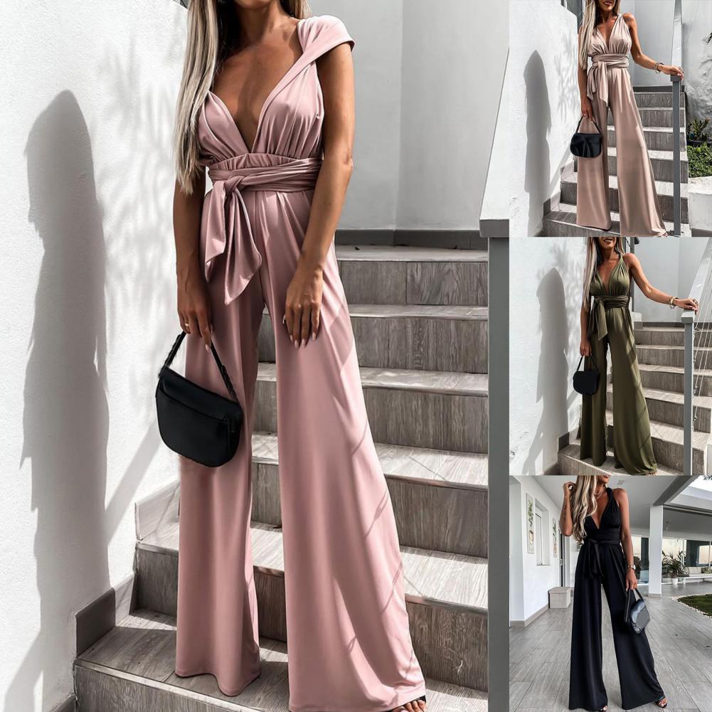 Buffy | Eleganter ärmelloser Jumpsuit mit tiefem V-Ausschnitt, Taillenbund und weitem Bein